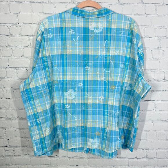 Cottage Shirt Plaid Floral Embroidered Women Plus Size 3X Check Button Cabin Top - Picture 2 of 8